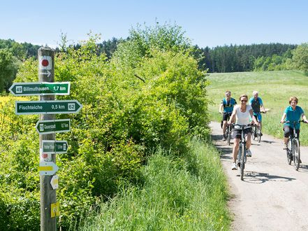 Fahrradfahrer und Wegweiser im Vordergrund